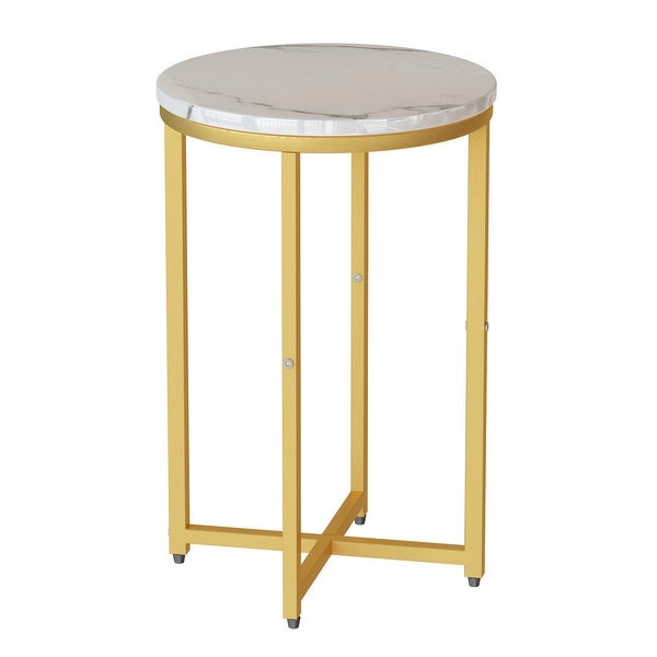 2pcs Round End Side Table with Faux Marble Top and Metal Frame