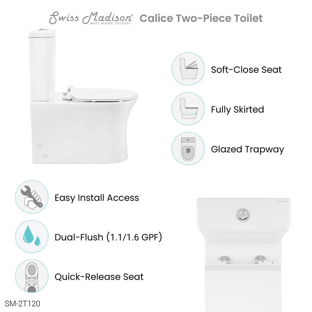 Swiss Madison Calice 2-piece 0.81.28 GPF Dual Flush Elongated Toilet in White Seat Included SM-2T120