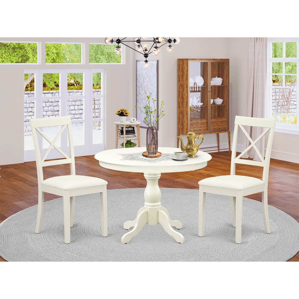 East West Furniture 3 Piece Dining Table Set  a Kitchen Table with Pedestal and 2 Dining Chairs(Finish   Seat Type Options)