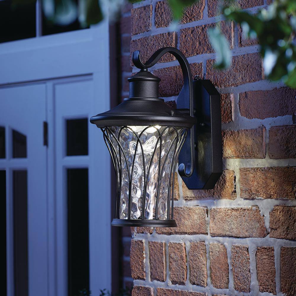 Home Decorators Collection Avia Falls Black Dusk to Dawn Large LED Outdoor Wall Light Fixture with Clear Water Glass LED-HD501BK MED