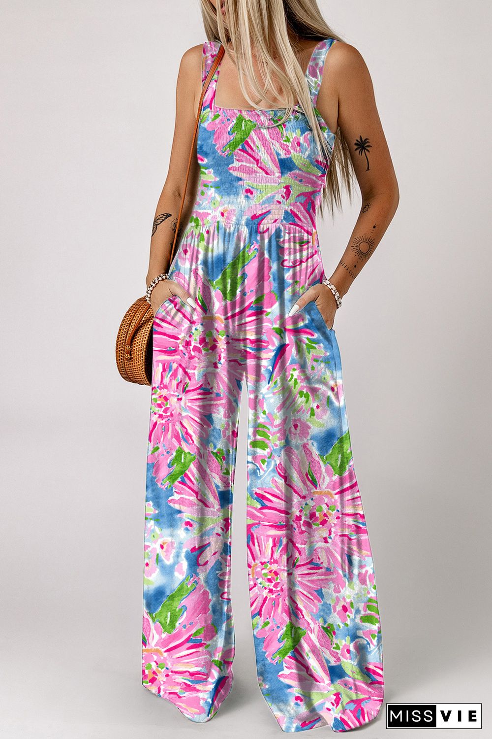 Pink Abstract Floral Painting Smocked Wide Leg Jumpsuit