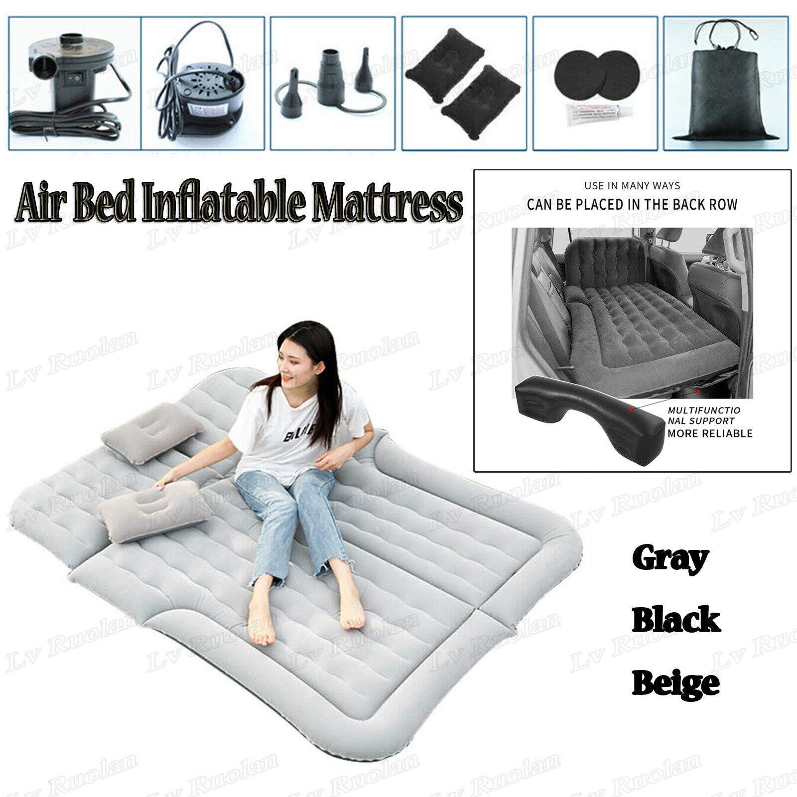 SHZICMY Car Inflatable Air Bed Travel Mattress Seat Sleep Cushion Mat Pillow Pump Camp Gray