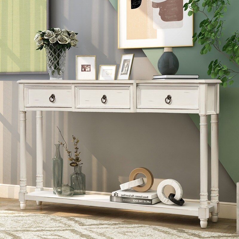 Rustic Solid Wood Console Table with Projecting Drawers and Long Shelf