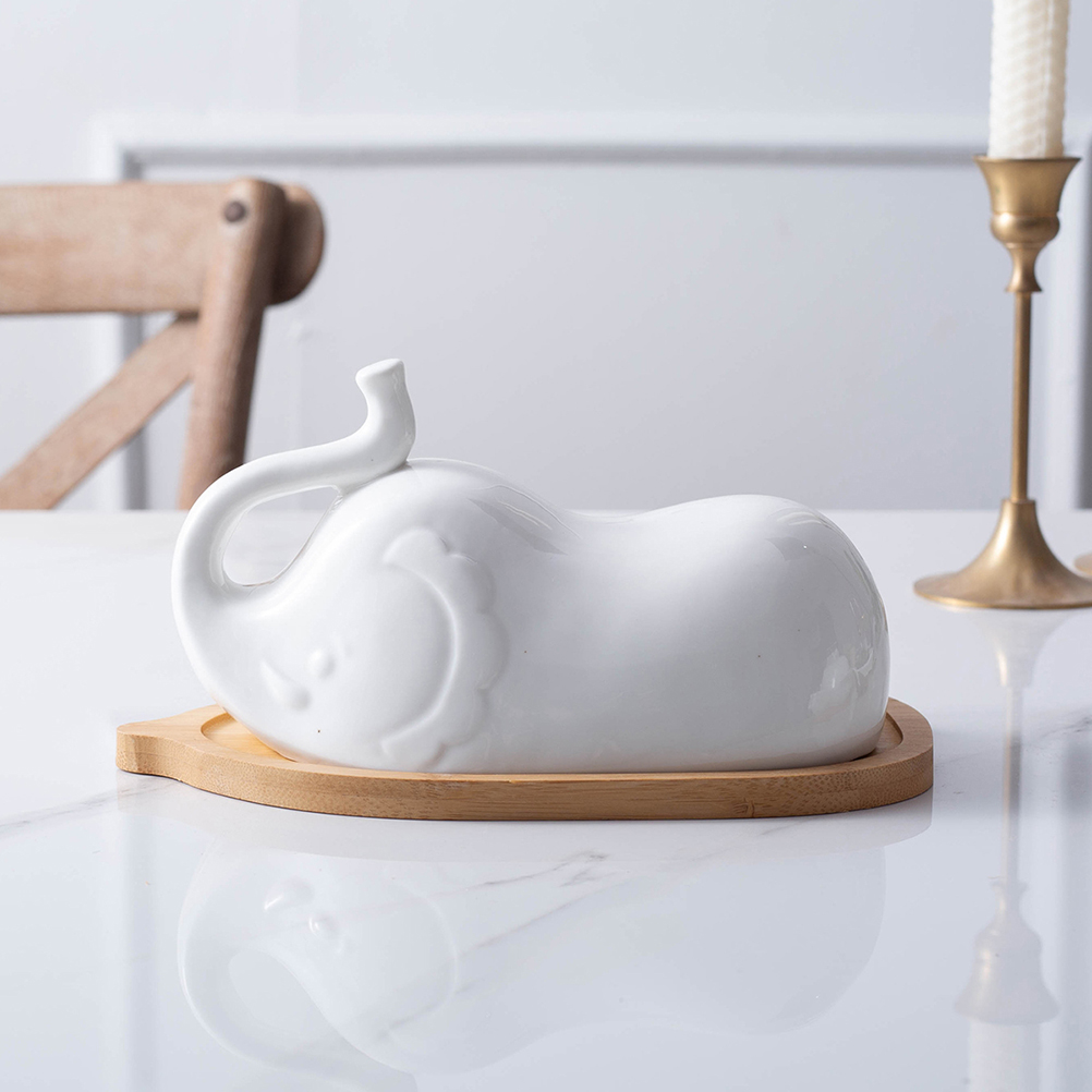 Elephant Shape Butter Dish with Ceramic Lid Simple Wooden Plate Household Tableware for Home Hotel