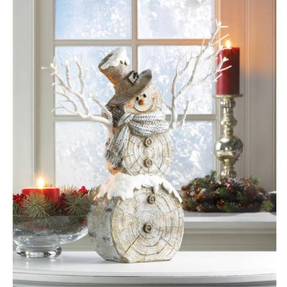 Rustic Birch Tree Snowman Figurine With Twig Lights   Craftsman   Holiday Accents And Figurines   by VirVentures  Houzz