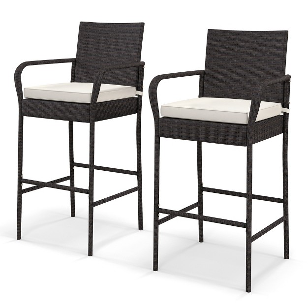 Costway 2pcs Patio Pe Wicker Bar Chairs Counter Height barstools With Armrests amp cushions