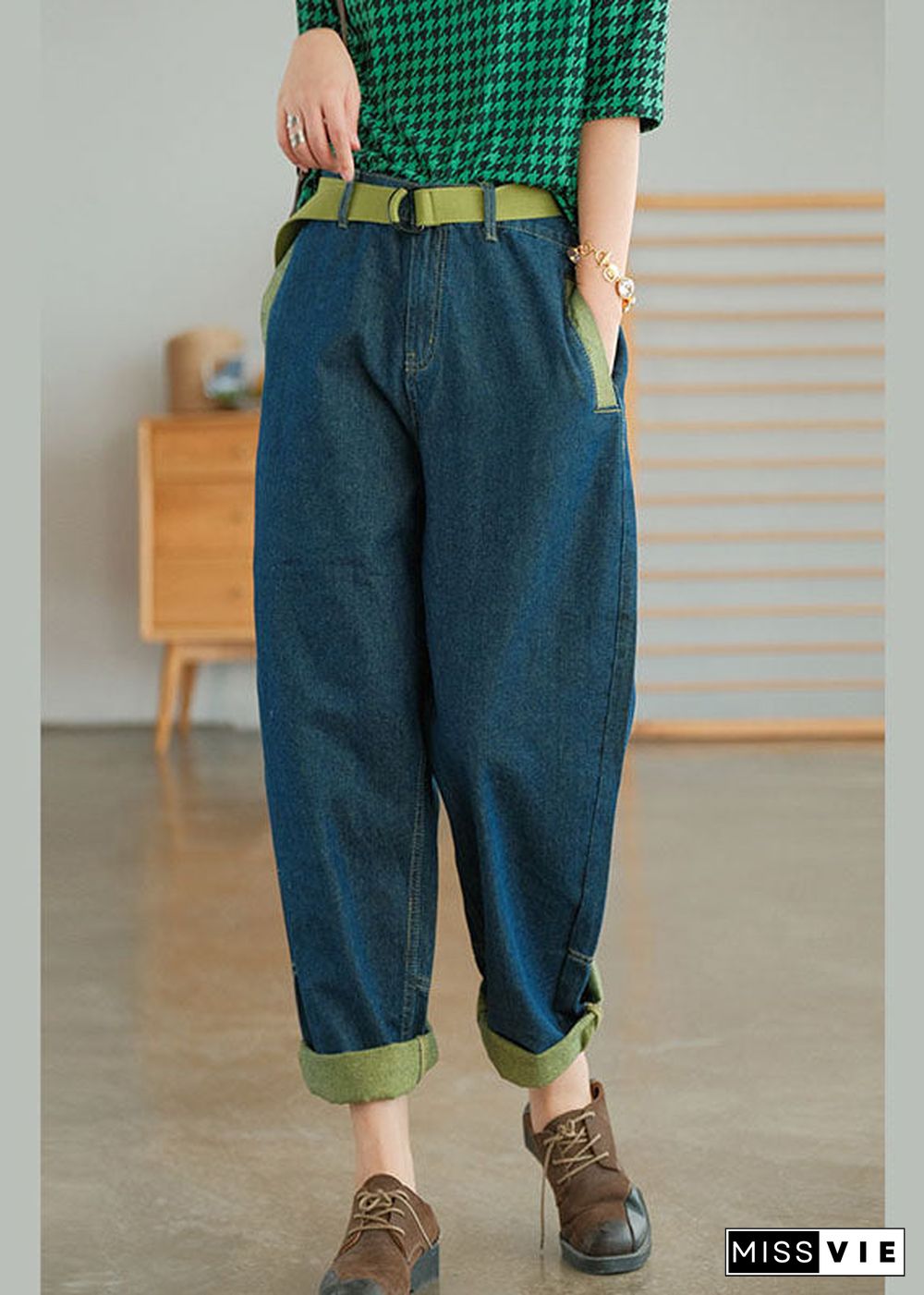 Plus Size Blue Casual Pockets Patchwork Harem Fall Pants