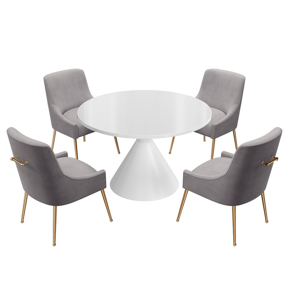 Clihome 5 Piece High Gloss White Table with Velvet Chair Dining Set