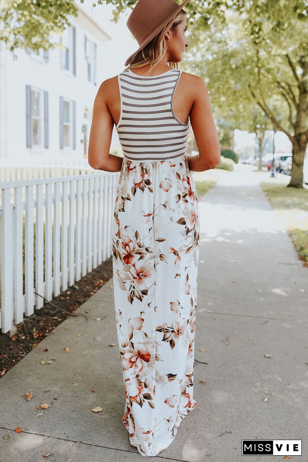 White Striped Floral Print Sleeveless Maxi Dress with Pocket