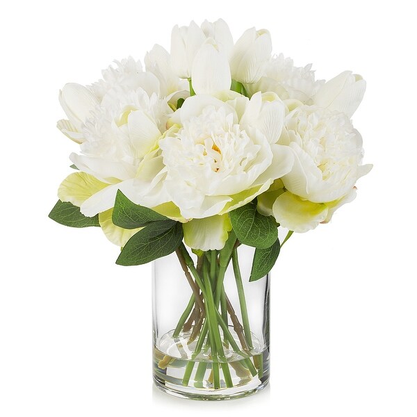 Enova Home Mixed Artificial Real Touch Tulip and Peony Fake Flowers Arrangement in Cylinder Glass Vase for Home Decór