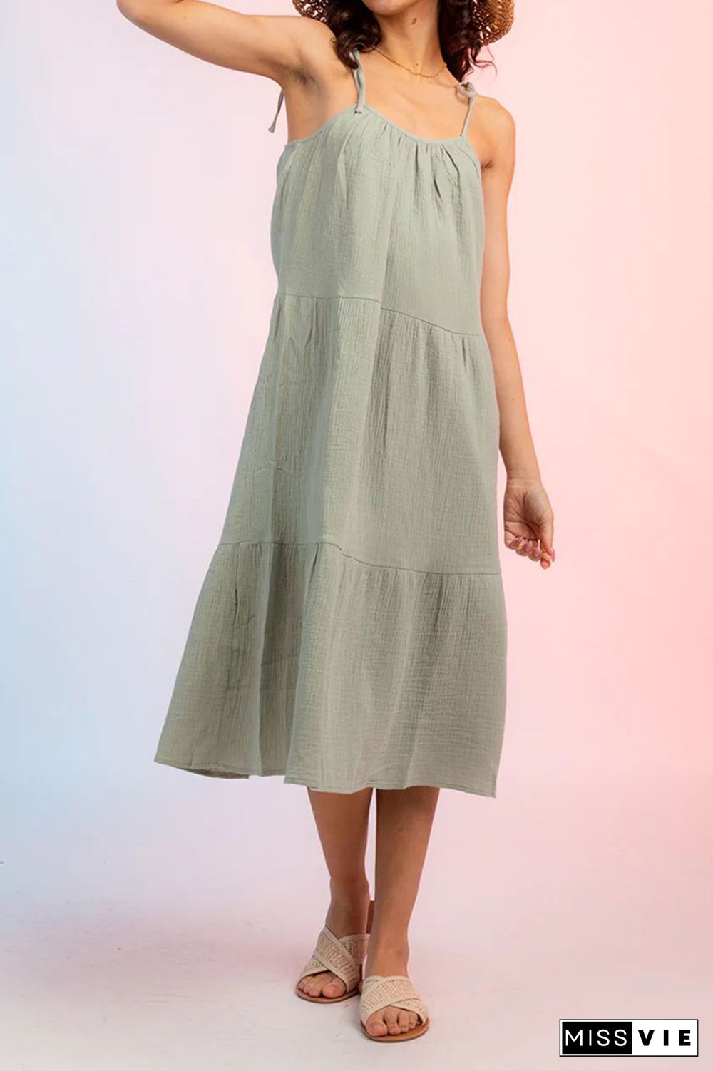 Plain Tie Cami Strap Tiered Midi Dress