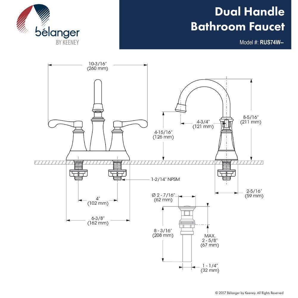 KEENEY Belanger RUS74WORB 4 in Centerset 2Handle Bathroom Faucet with PopUp Assembly in Oil Rubbed Bronze