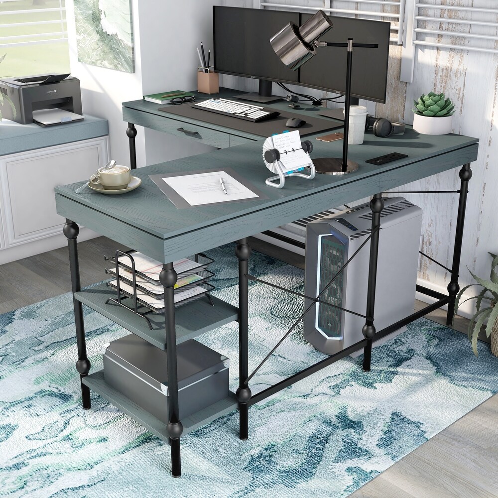 Haley Farmhouse 59 inch Metal L Shaped Computer Desk with USBs by Furniture of America