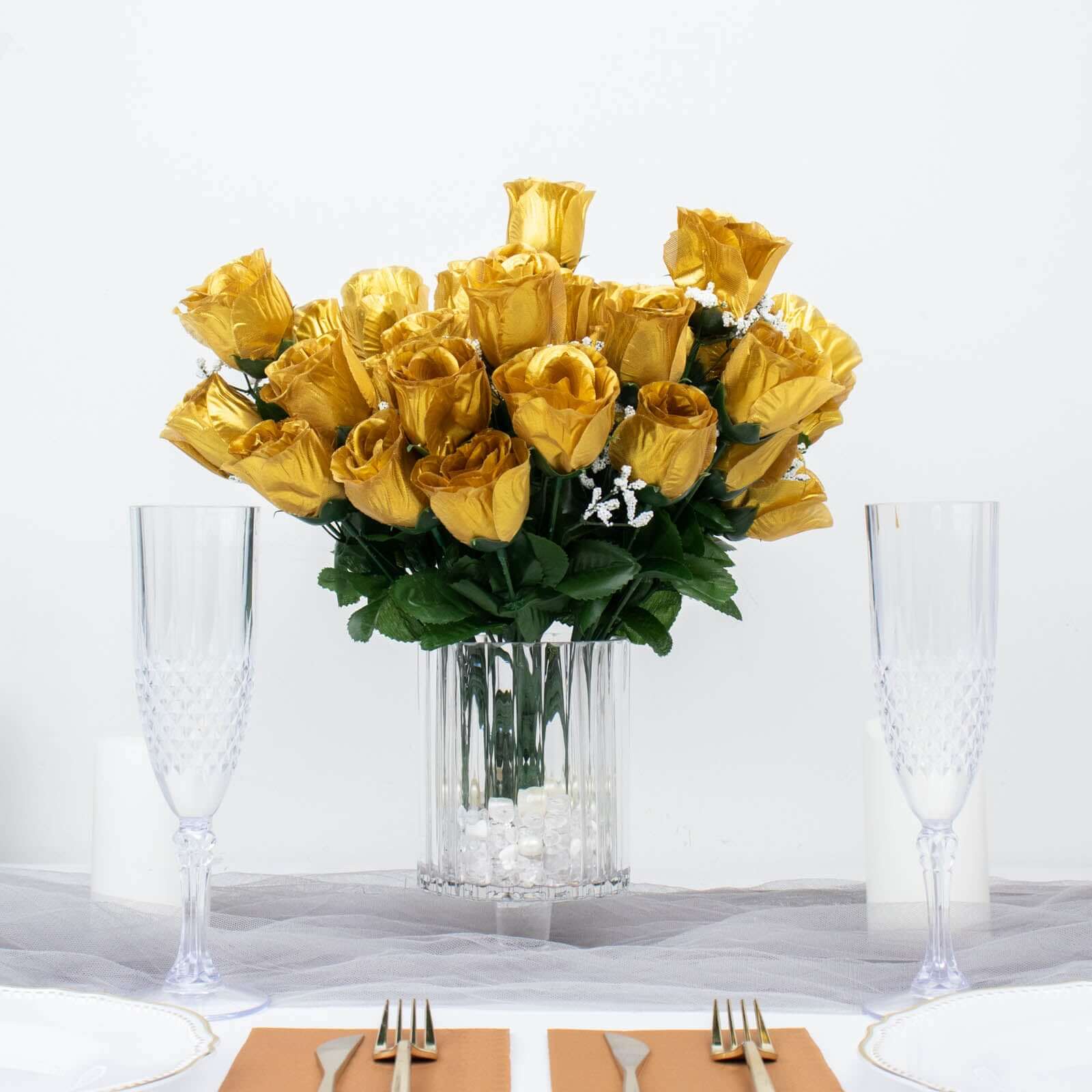 12 Bushes Gold Artificial Premium Silk Flower Rose Bud Bouquets