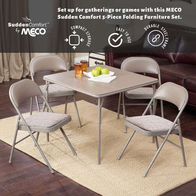 Meco E48 34 p31 Sudden Comfort 5 Piece 34x34 Square Folding Dining Card Table And 4 Padded Folding Chairs Folding Furniture Set Buff Tan