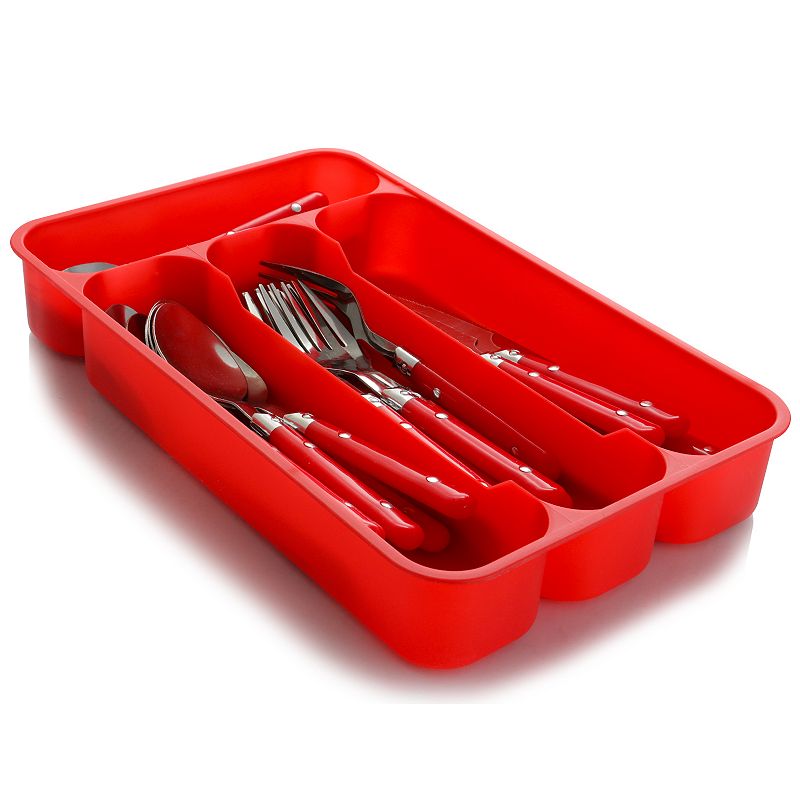 Gibson Everyday Casual Living 24 Piece Stainless Steel Flatware Set with Storage Tray in Red