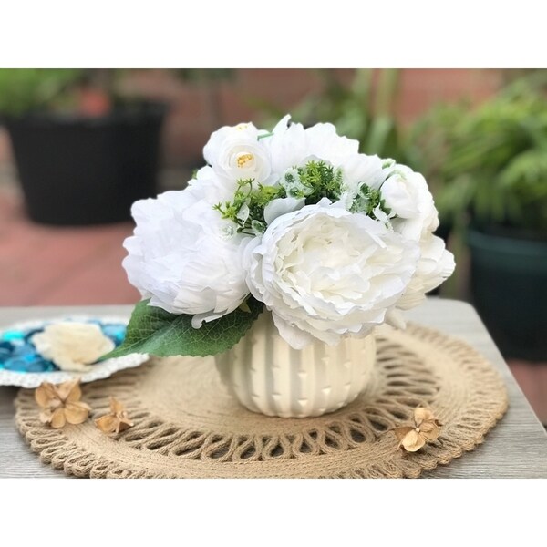 Enova Home Artificial Silk Peony Mixed Fake Flowers Arrangement with White Ceramic Vase for Home Garden Decoration