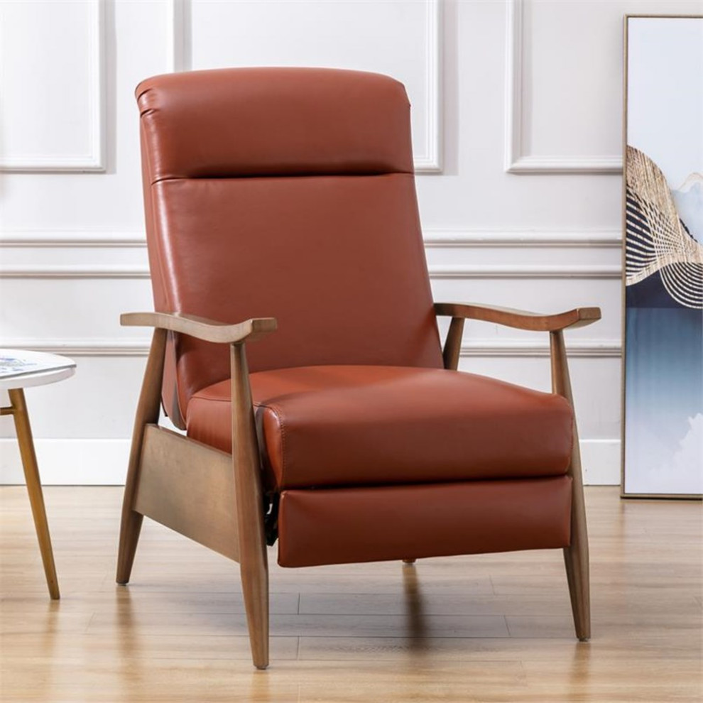 Bowery Hill Mid Century Leather/Wood Arm Push Back Recliner in Caramel   Midcentury   Recliner Chairs   by Homesquare  Houzz