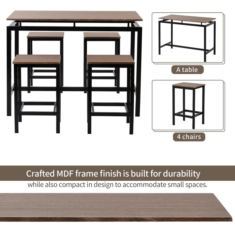 Industrial 5 Piece Kitchen Counter Height Table Set with Foot Pads  Metal Frame Dining Table with 4 Chairs