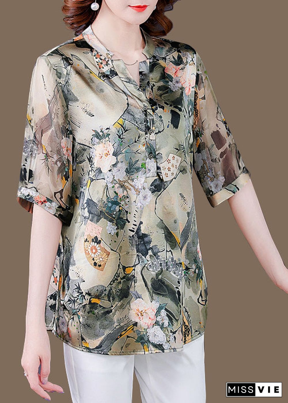 Fashion V Neck Print Button Silk Shirts Short Sleeve