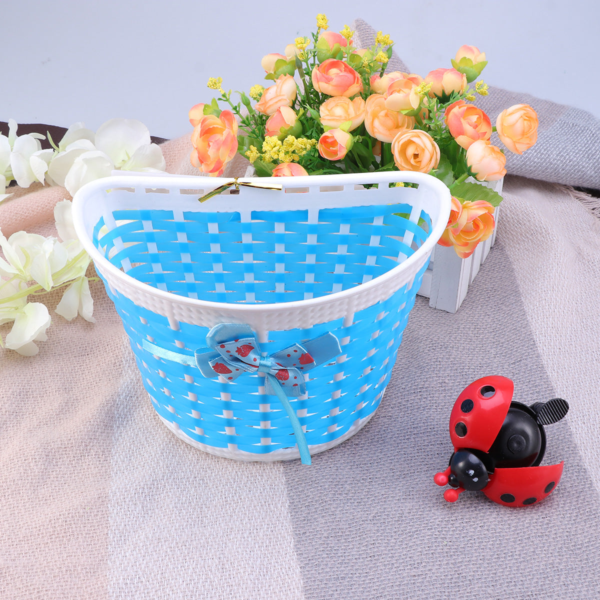 HEMOTON Bicycle Scooter Basket Children Bike Basket Plastic Knitted Bow Knot Front Handmade Bag