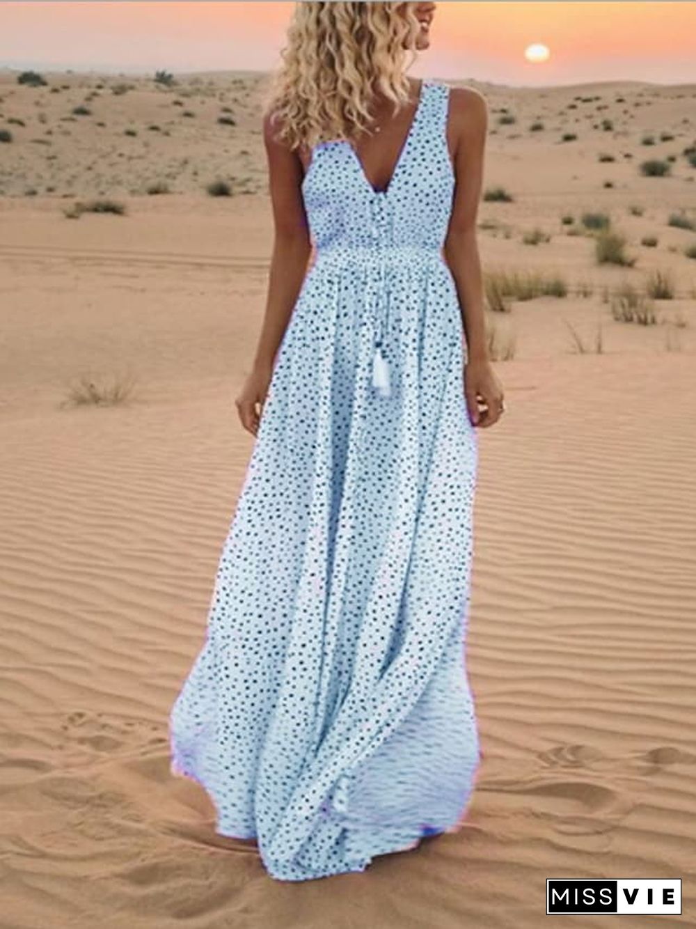 Women's Swing Dress Maxi long Dress White Blue Blushing Pink Beige Sleeveless Polka Dot V Neck Hot S M L XL XXL 3XL White Dresses