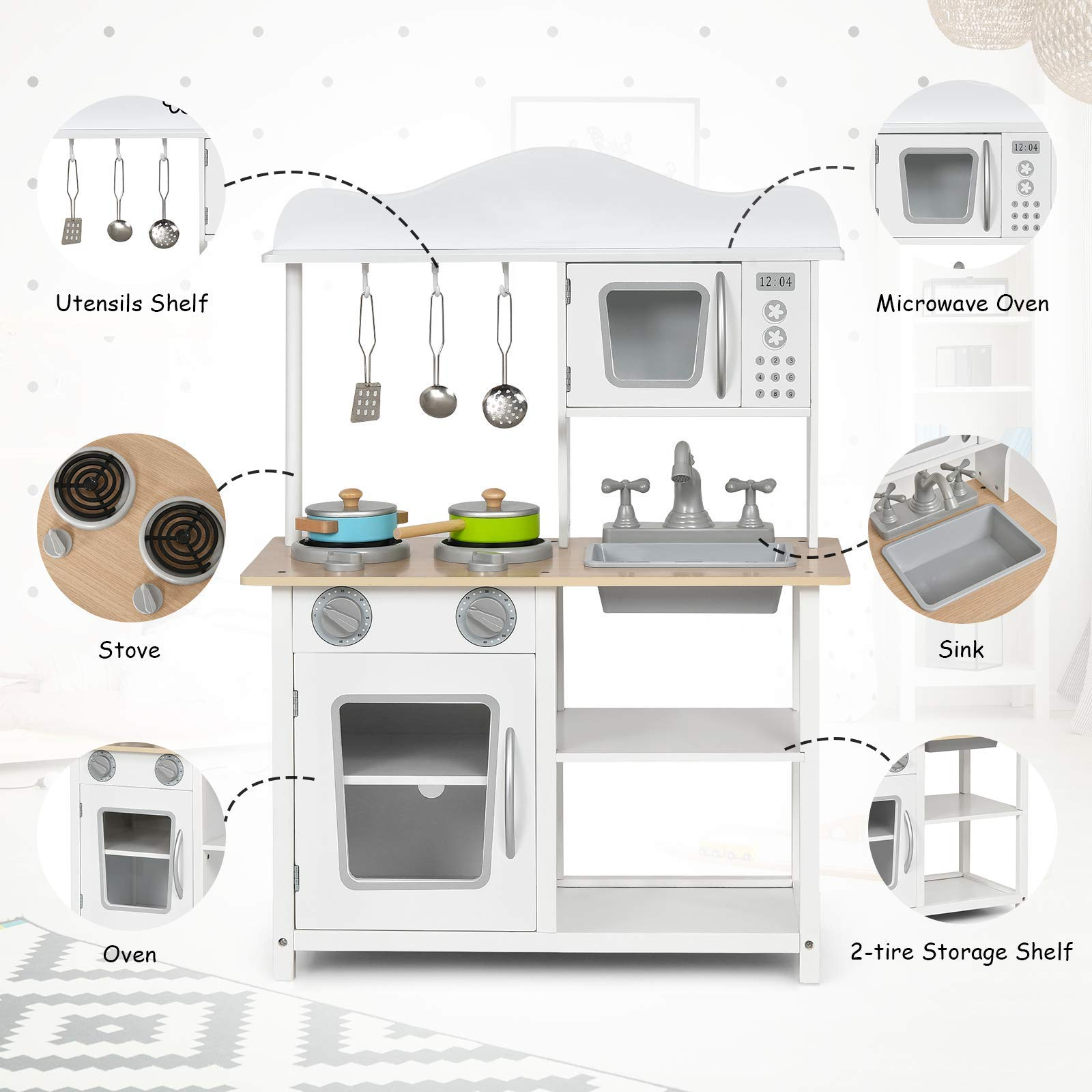 Costzon Kids Kitchen Playset, Wooden Play Kitchen w/ Sink (White)