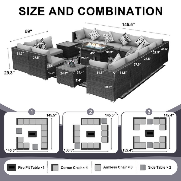 Nicesoul Outdoor Grey Wicker Sectional Furniture Patio Sofa Set with Firepit Table