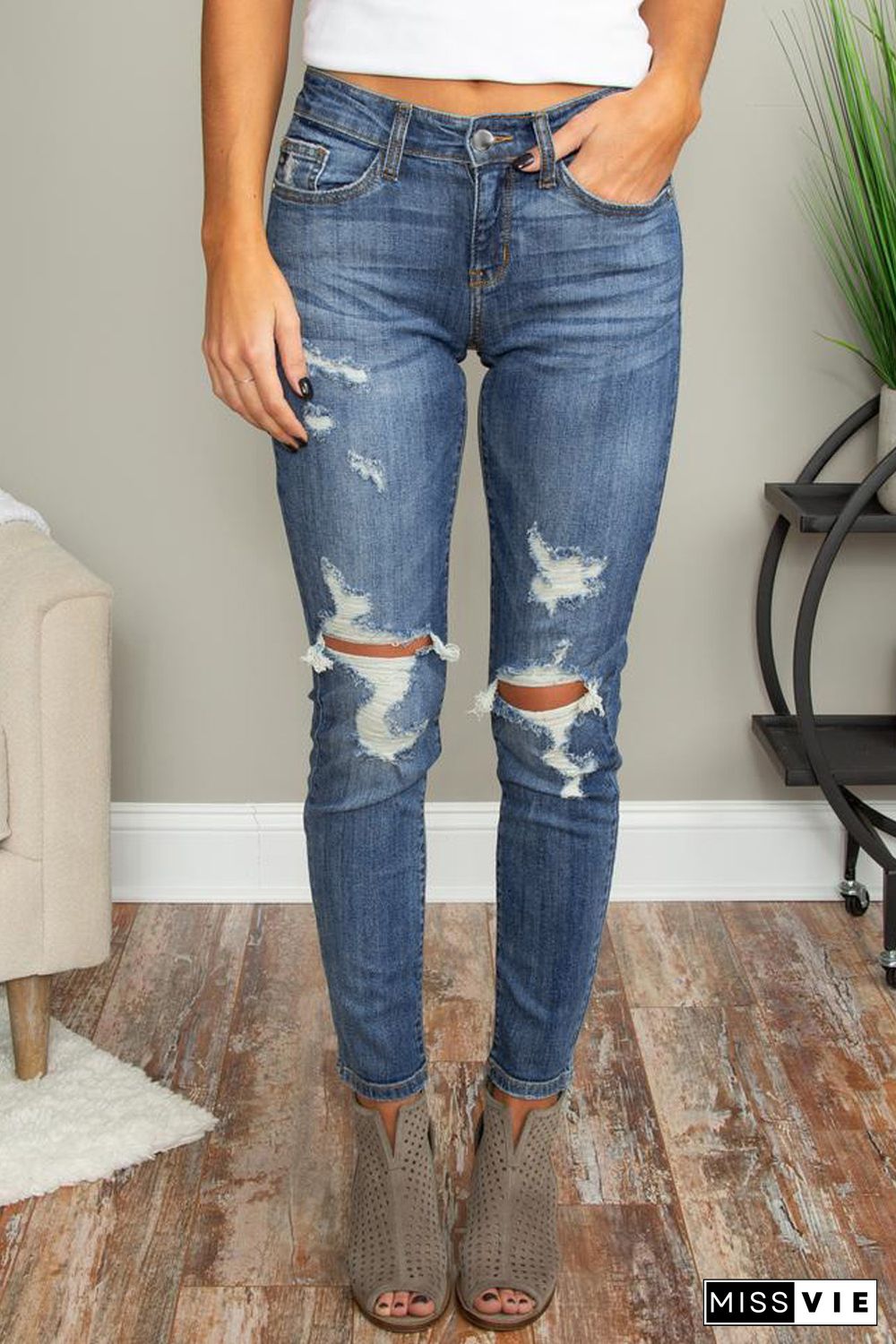 Blue Hollow Out Vintage Skinny Ripped Jeans