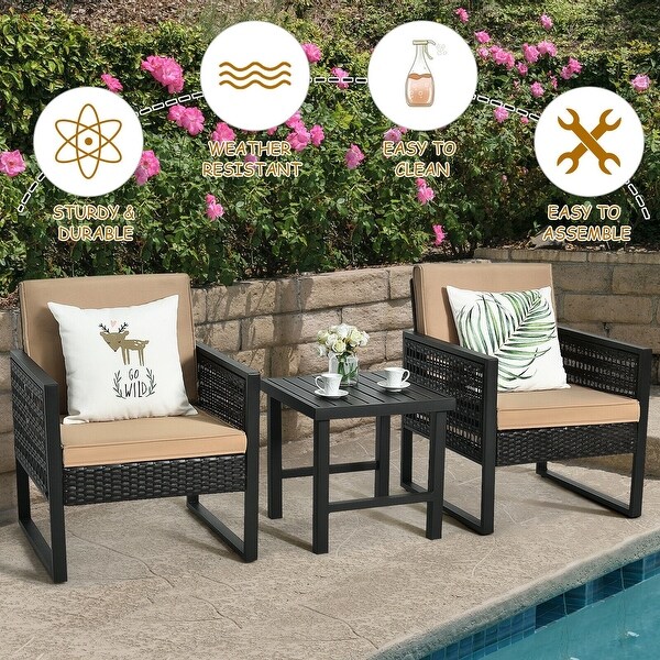 3Pcs Patio Rattan Bistro Cushioned Furniture Set - 25