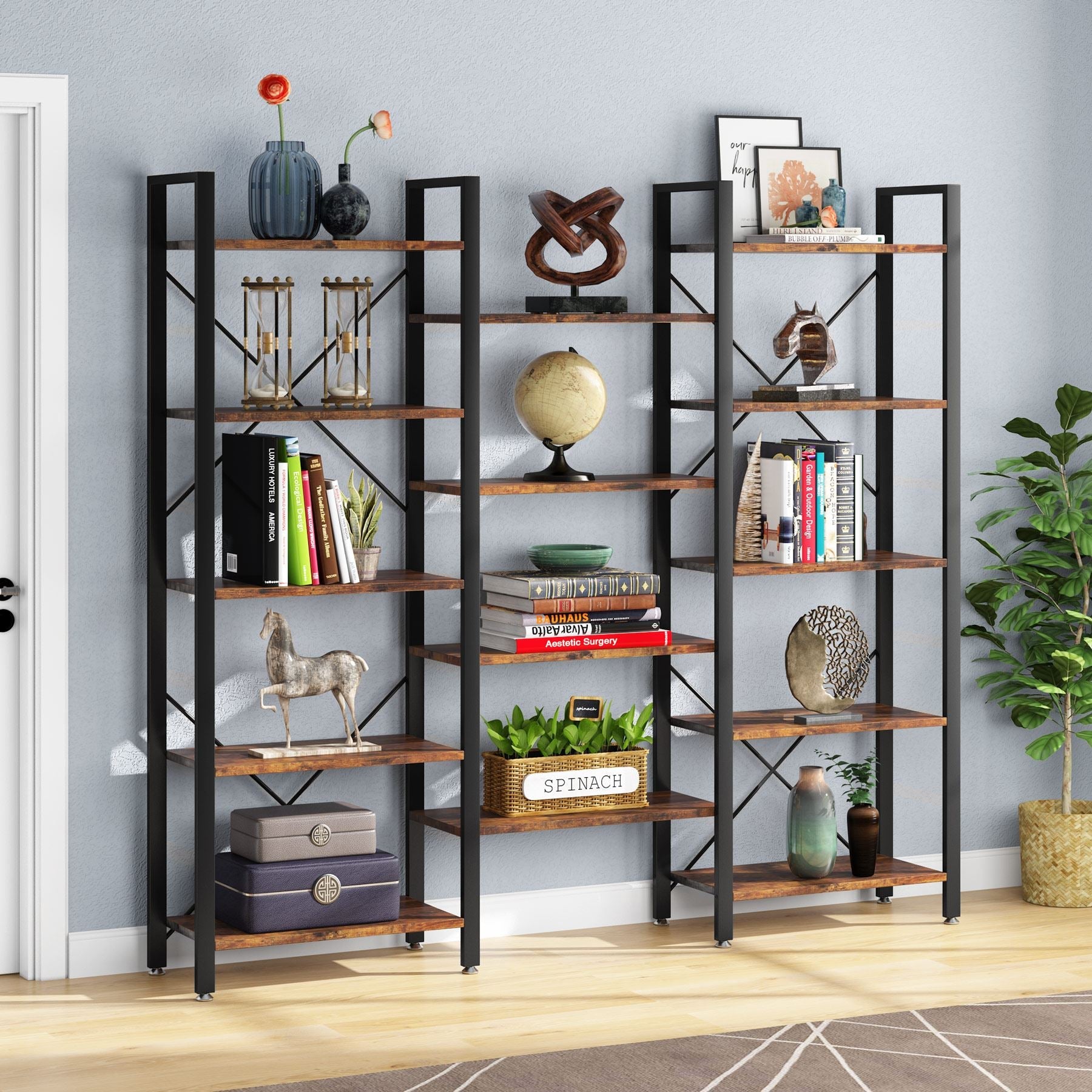 70 Bookshelf, Triple Wide Etagere Bookcase Open Display Shelf