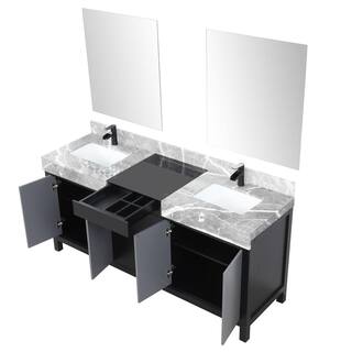 Lexora Zilara 72 in W x 22 in D Black and Grey Double Bath Vanity Castle Grey Marble Top Matte Black Faucet and 28 in Mirrors LZ342272DLISM28FCM