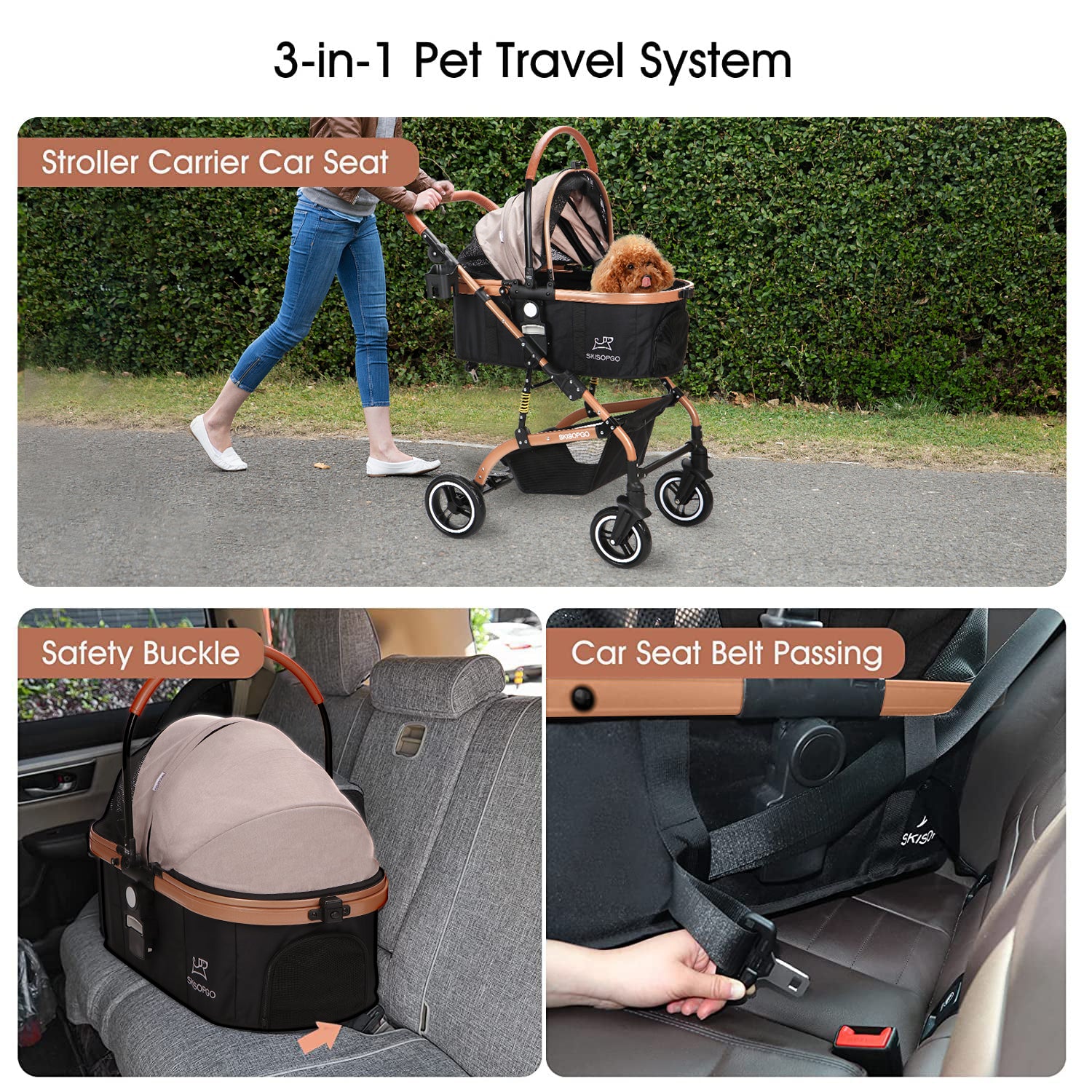 SKISOPGO 3-in-1 Pet Strollers for Small Medium Dogs Cat with Detachable Carrier Foldable Travel Pet Gear Stroller(Khaki)