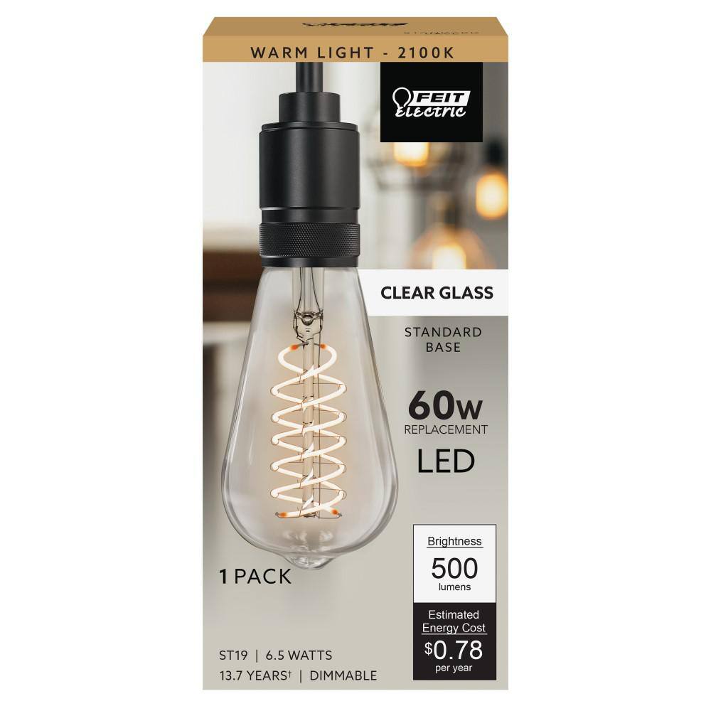 Feit Electric 60-Watt Equivalent ST19 Dimmable Spiral Filament Clear Glass E26 Vintage Edison LED Light Bulb Warm White ST1960SCLLEDHDRP