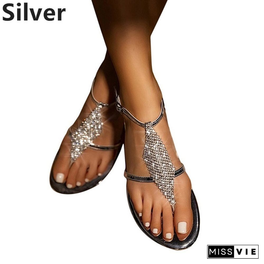 Summer Bohemia Flip Flops Women Rhinestone Sandals Slippers Low Heel