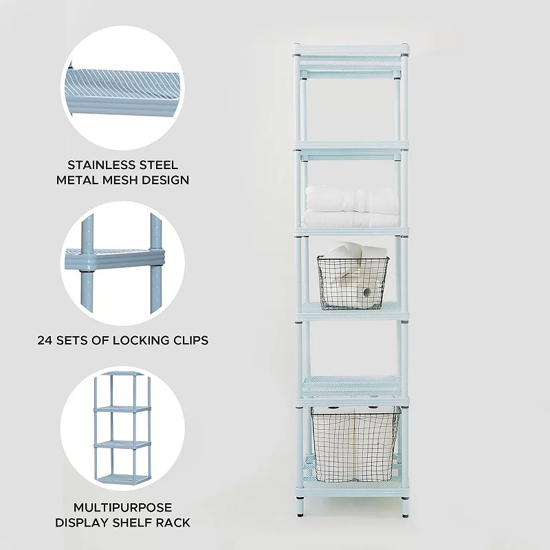 Design Ideas Meshworks 6 Tier Tower Metal Storage Shelving Unit Rack， Sky Blue