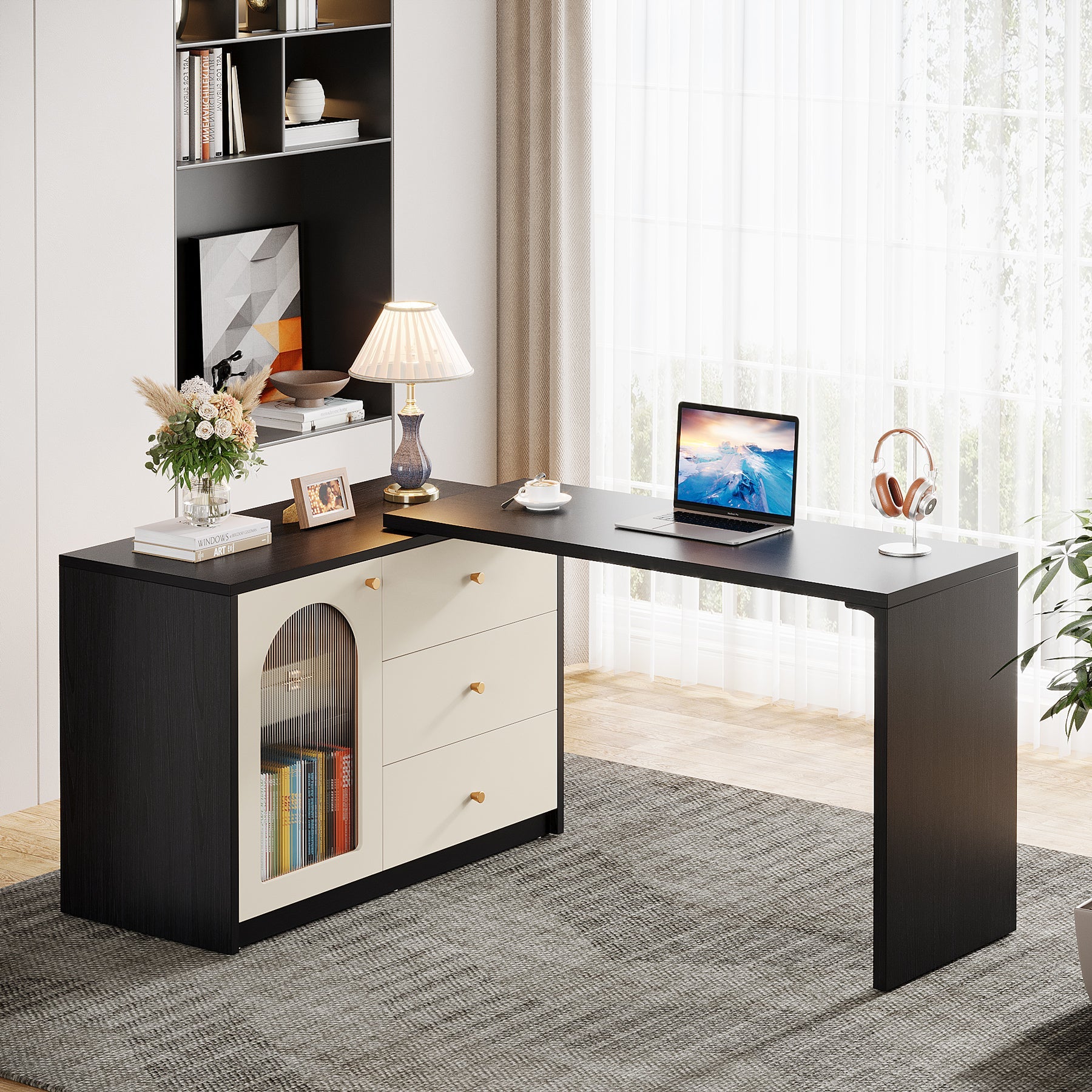 L-Shaped Computer Desk, Corner Office Desk with Reversible Storage Cabinet