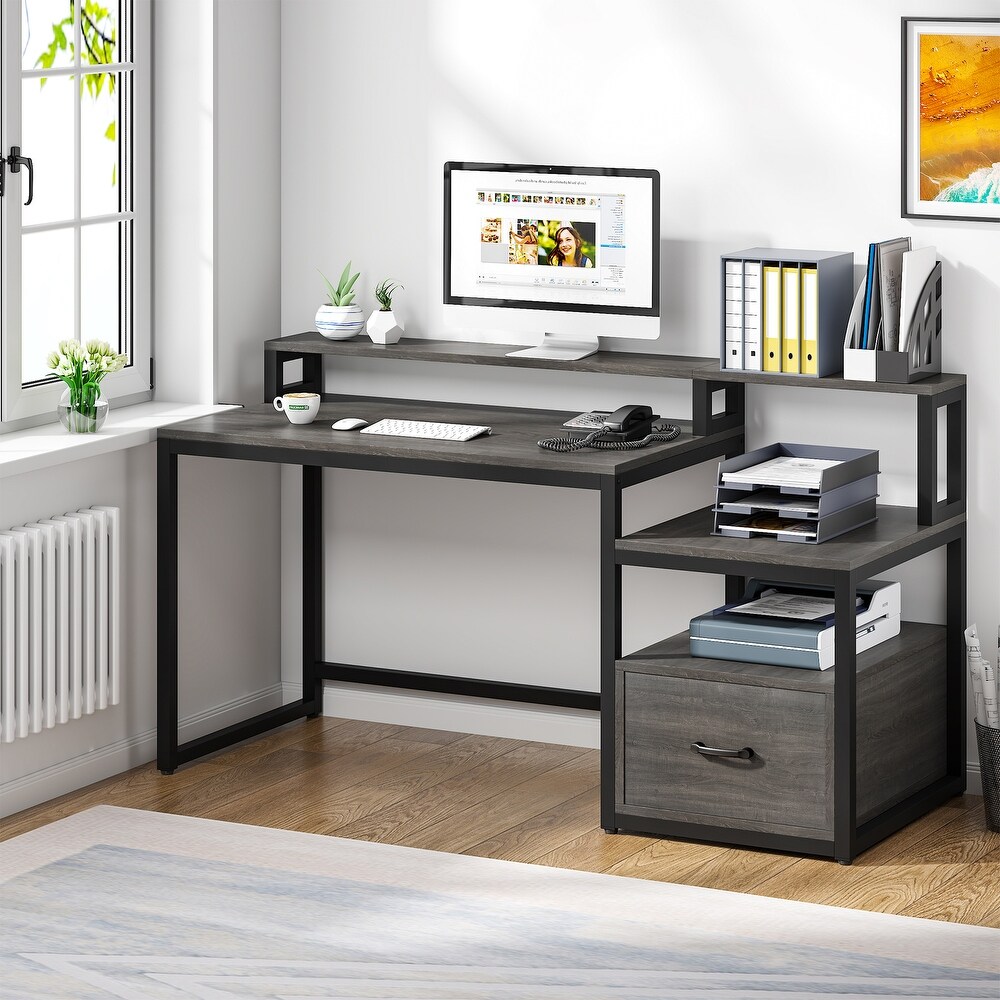 59'' Computer Desk with Drawer  Storage Shelves and Monitor Stand