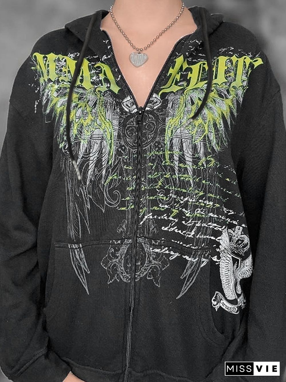 Gothic Wing Print Zip Up Oversized Hoodie