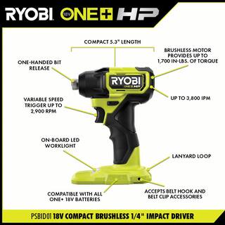 RYOBI ONE+ HP 18V Brushless Cordless Compact 14 in. Impact Driver and 38 in. Right Angle Drill with (2) Batteries Charger PSBID01K-PSBRA02B