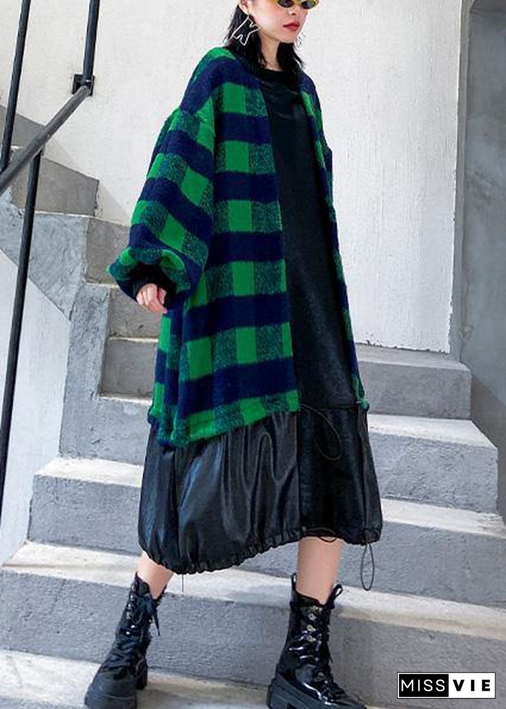 French green plaid cotton clothes drawstring Plus Size patchwork Dress