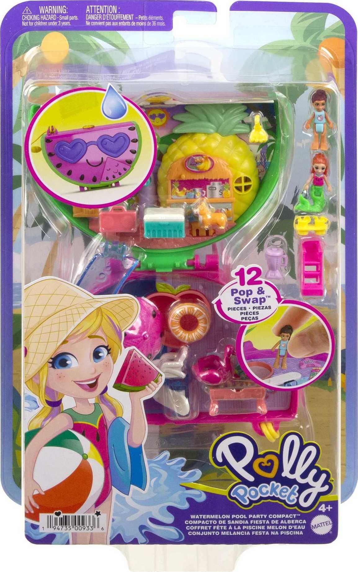 Polly Pocket Watermelon Pool Party Compact Playset with 2 Micro Dolls and Accessories, Travel Toys