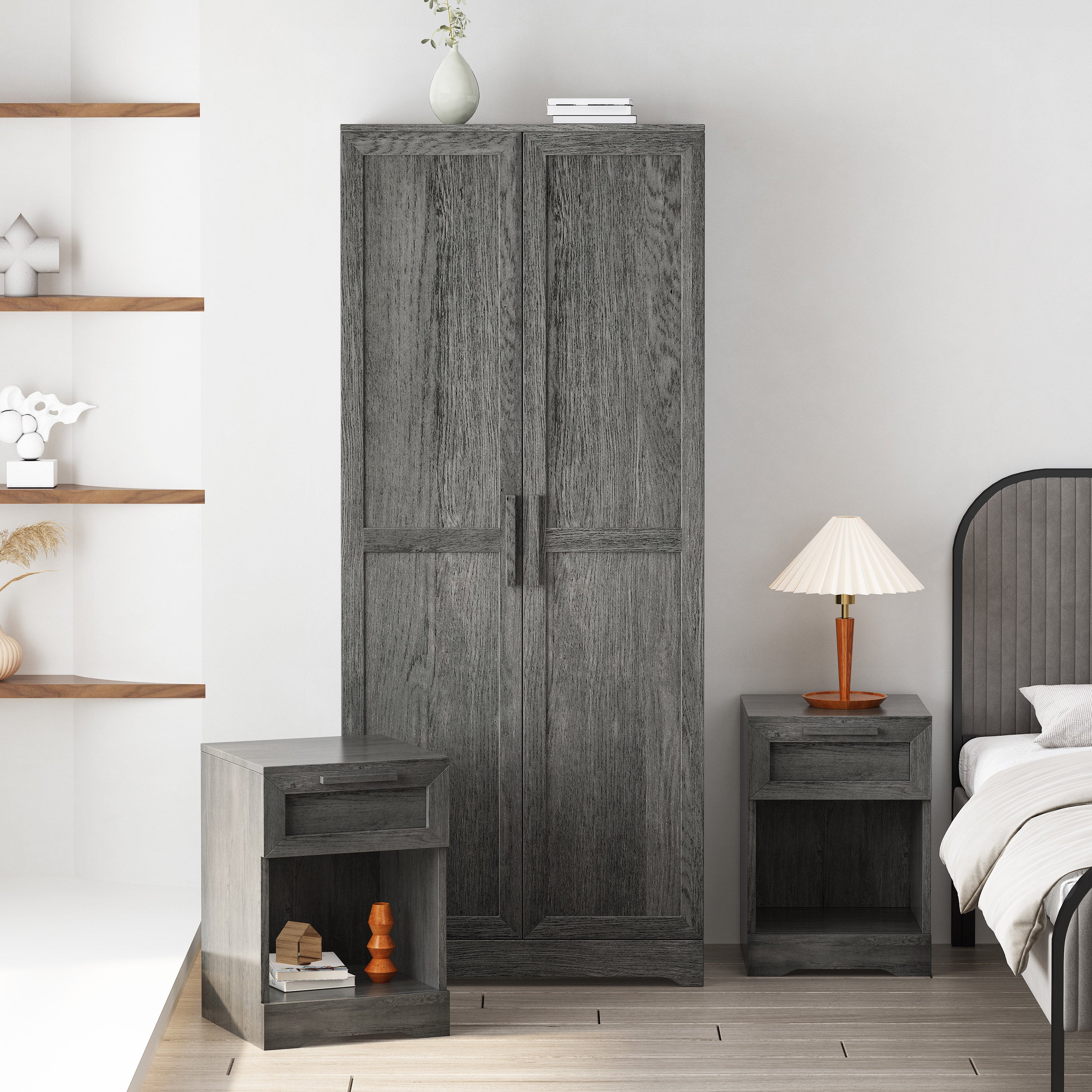 Broxon Rustic 3 Piece Wardrobe and 1 Drawer Nightstand Bedroom Set