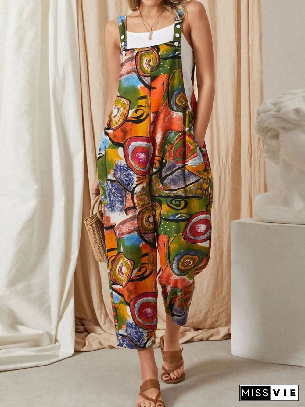 Women'S Jumpsuits Loose Vintage Print Pocket Jumpsuit