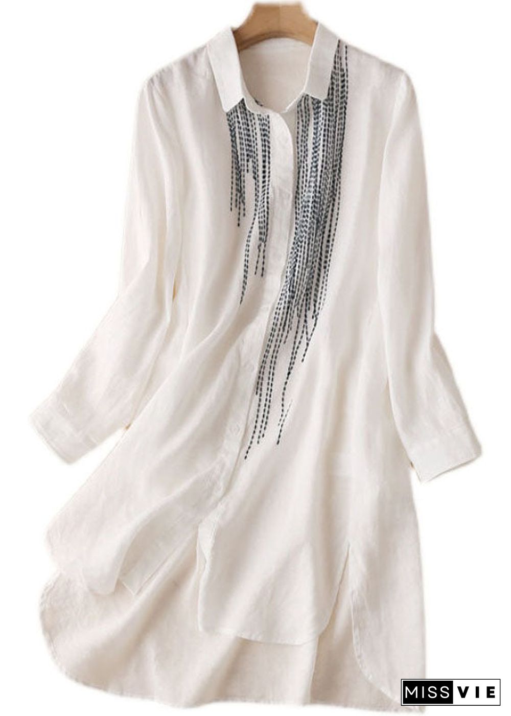 Fashion White Embroideried Low High Design Cotton Linen Long Shirt Top Long Sleeve