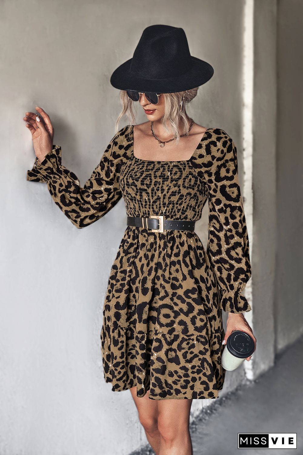 Smocked Square Neck Leopard Print Mini Dress