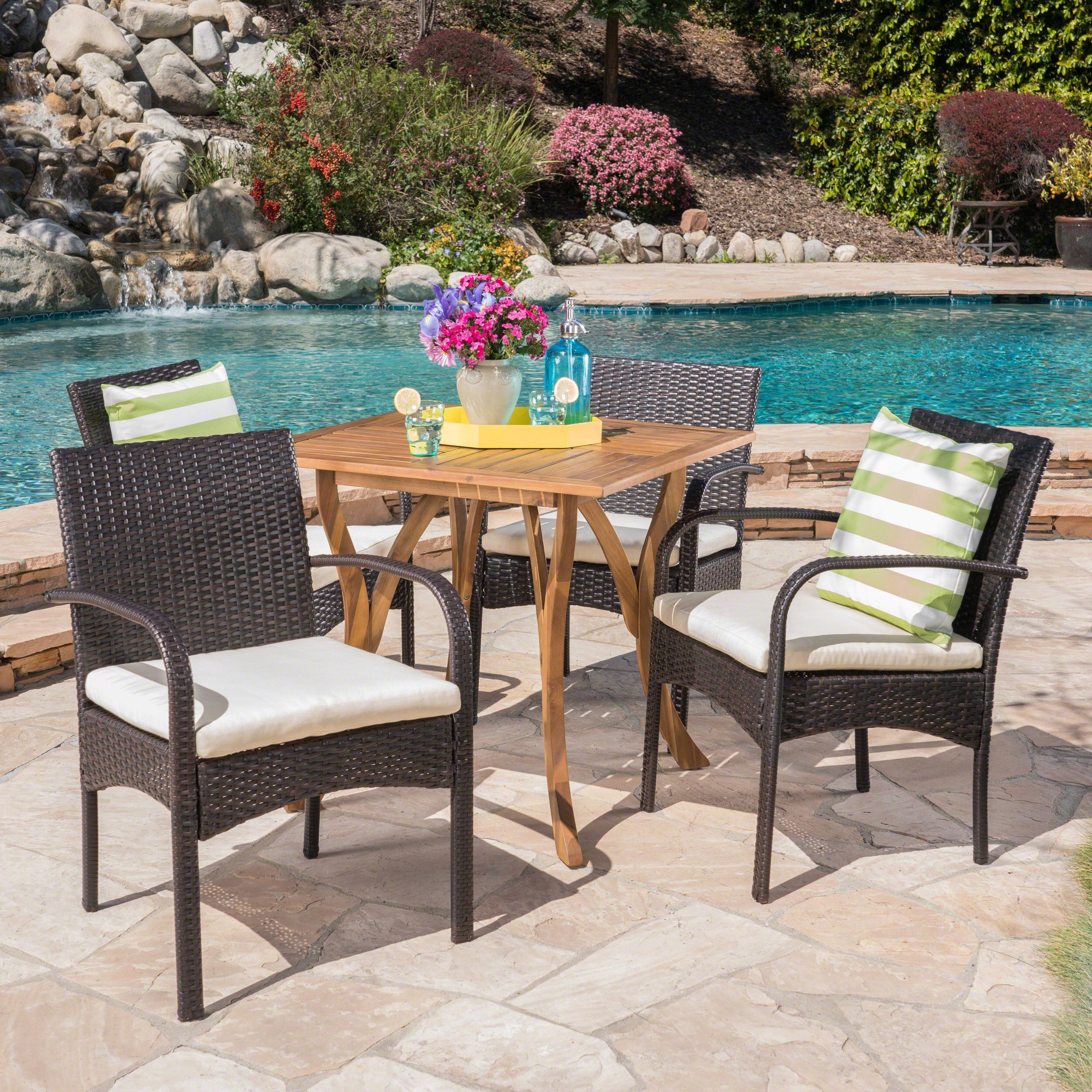 Derek Outdoor 5 Piece Acacia Wood/ Wicker Dining Set with Cushions, Teak Finish and Multibrown with Crème