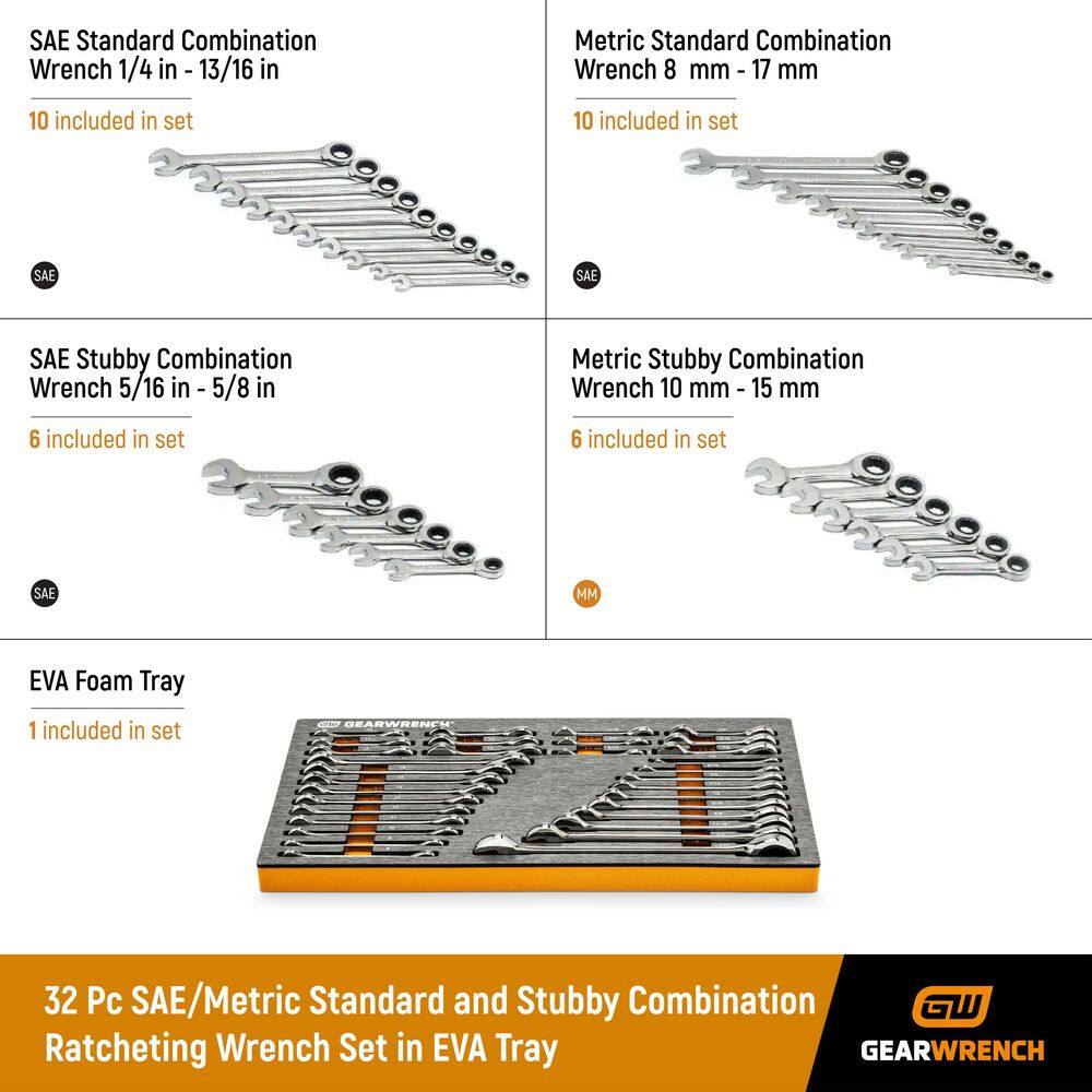 GEARWRENCH SAEMetric Standard and Stubby Combination Ratcheting Wrench Set in EVA Tray (32-Piece) 82999