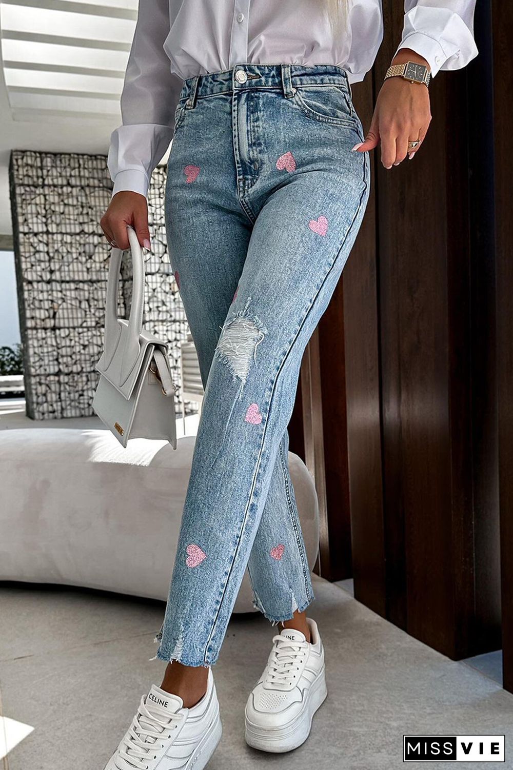 Casual Print Ripped Mid Waist Regular Denim Jeans