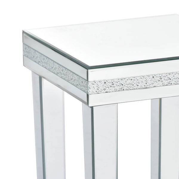 Modern Glass Mirrored Side Table with Crystal Design and Adjustable Height Legs